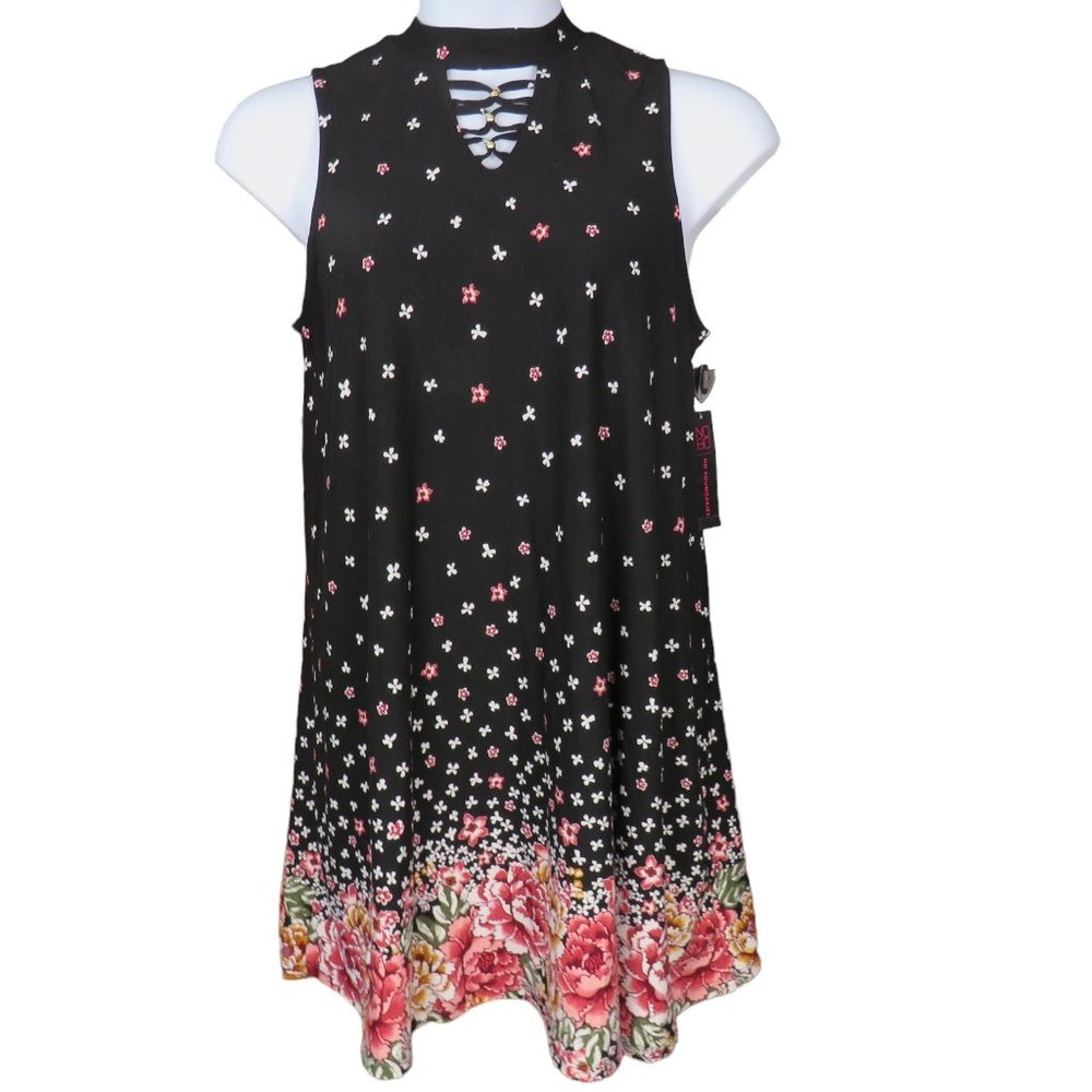No Boundaries Black, Pink & White Floral High Neck Sleeveless Dress Size XL NWT